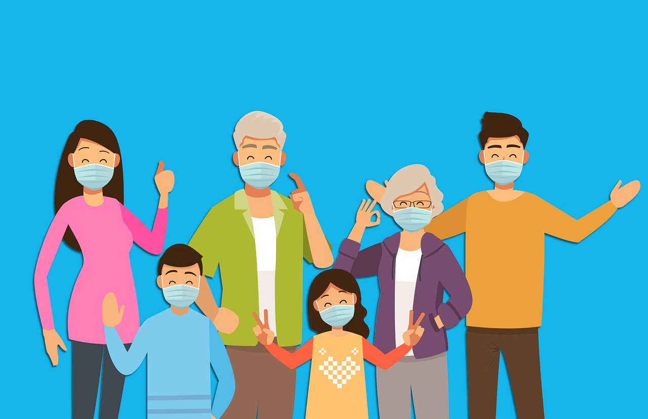 cartoon of family with masks on
